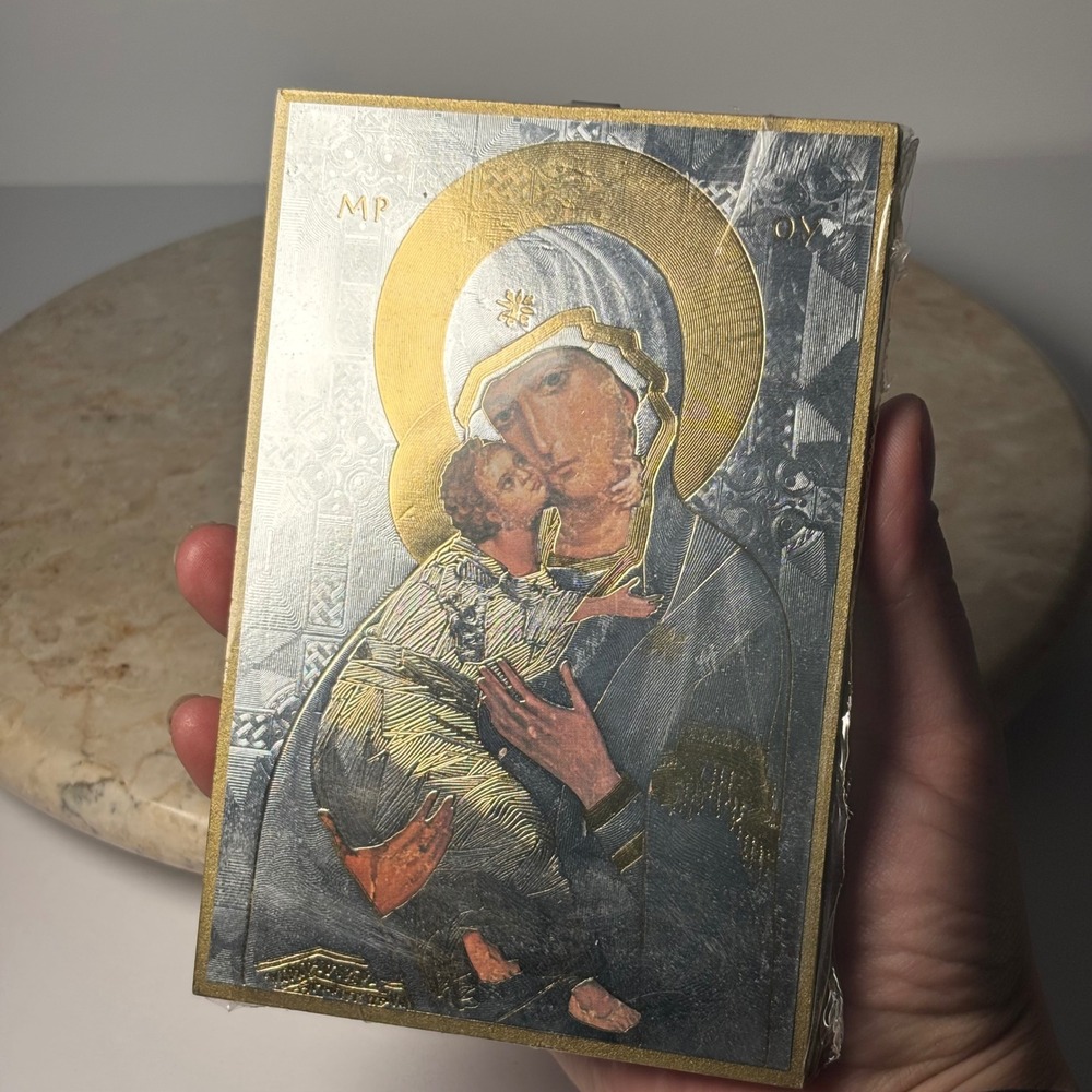 Vintage Virgin Mary Child Jesus Wood Icon Plaque Gold Foil Prayer 6.25x4.25 NEW - Picture 5 of 5